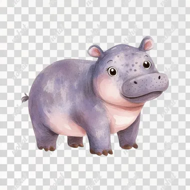watercolor cartoon flat illustration cute baby hippo standing side view naive style on white background