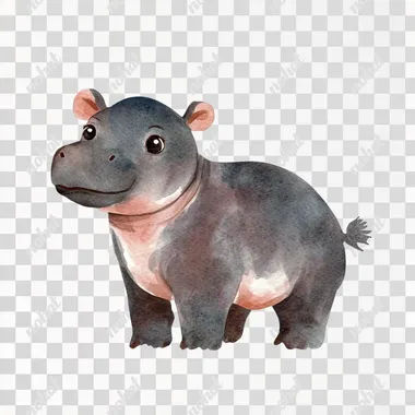 watercolor cartoon flat illustration cute baby hippo standing side view naive style on white background
