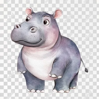 watercolor cartoon flat illustration cute baby hippo standing side view naive style on white background