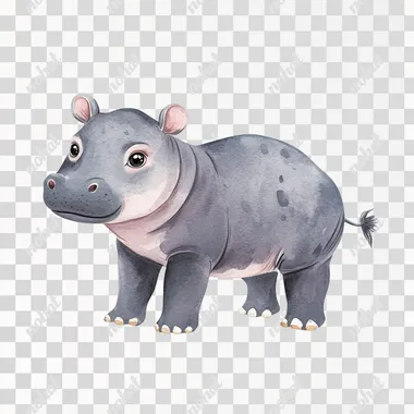 watercolor cartoon flat illustration cute baby hippo standing side view naive style on white background