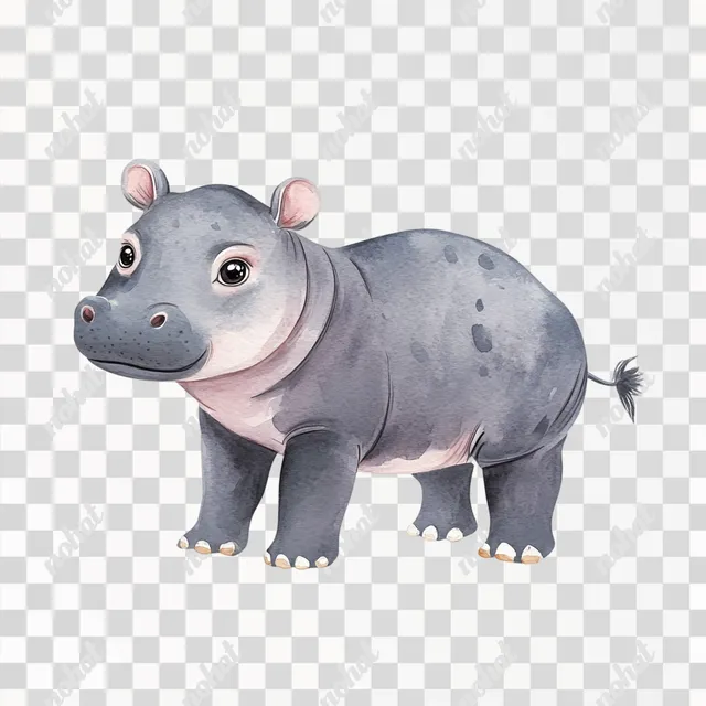 PNG Cute Baby Hippo Illustration in Naive Style on White Background