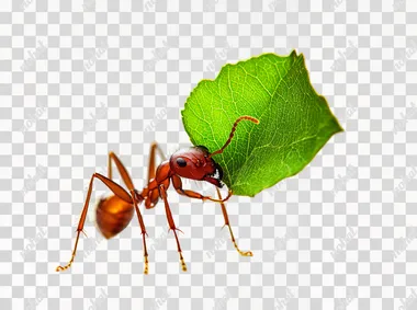 leafcutter ant, THE ANT IS CARRYING A GREEN LEAF IN ITS MOUTH, high definition, white background