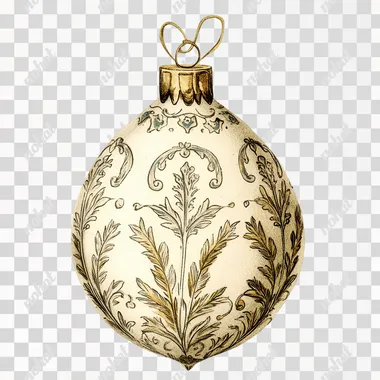 tear drop shaped Christmas bauble, cream, vintage illustration, clip art, white background