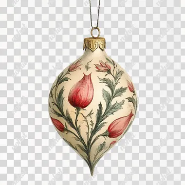 tear drop shaped Christmas bauble, cream, vintage illustration, clip art, white background