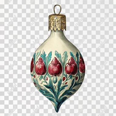 tear drop shaped Christmas bauble, cream, vintage illustration, clip art, white background