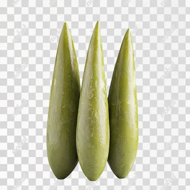 realistic photo , Long and pointed olives ,dry and rough surface, bright green ,top light source, front view , white background