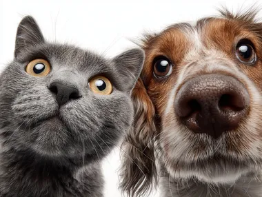 A cat and dog look up at a white background, their eyes are as watery as cartoon eyes, giving people a sense of funnyness, high resolution photography,white background.