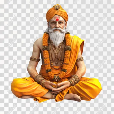 A Hindu saint sitting on the ground white background 3D animated image