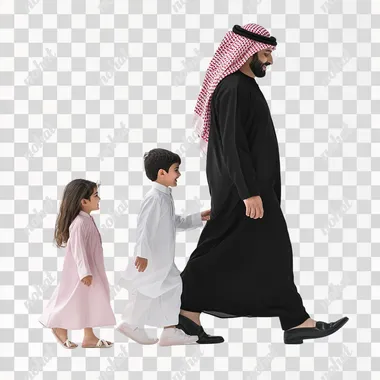 saudi family walking side view on white background