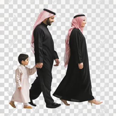 saudi family walking side view on white background