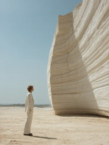 close up view of model in an ivory white suit stands on a sandy field with a greenshcist wall in the background. The rock is clearly layered, with smooth folds and diagonal textures that seem to record the deposition of time, contrasting sharply with the model's soft clothing. shoot on DSLR. raking light, more details, 8k. ultra realistic, intricated details, highly detailed textures, 8K.  --s 250   7j51lt3