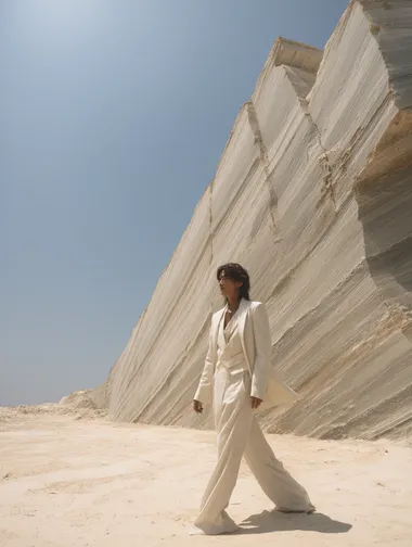 close up view of model in an ivory white suit stands on a sandy field with a greenshcist wall in the background. The rock is clearly layered, with smooth folds and diagonal textures that seem to record the deposition of time, contrasting sharply with the model's soft clothing. shoot on DSLR. raking light, more details, 8k. ultra realistic, intricated details, highly detailed textures, 8K.  --s 250   7j51lt3