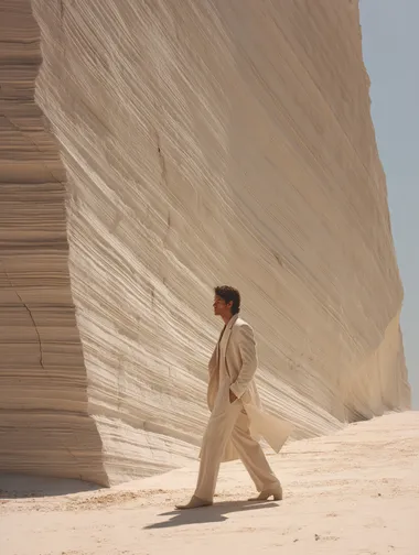 close up view of model in an ivory white suit stands on a sandy field with a greenshcist wall in the background. The rock is clearly layered, with smooth folds and diagonal textures that seem to record the deposition of time, contrasting sharply with the model's soft clothing. shoot on DSLR. raking light, more details, 8k. ultra realistic, intricated details, highly detailed textures, 8K.  --s 250   7j51lt3