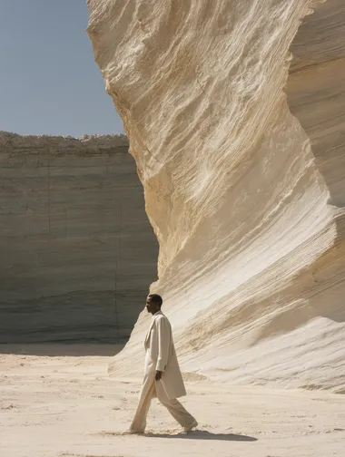 close up view of model in an ivory white suit stands on a sandy field with a greenshcist wall in the background. The rock is clearly layered, with smooth folds and diagonal textures that seem to record the deposition of time, contrasting sharply with the model's soft clothing. shoot on DSLR. raking light, more details, 8k. ultra realistic, intricated details, highly detailed textures, 8K.  --s 250   7j51lt3