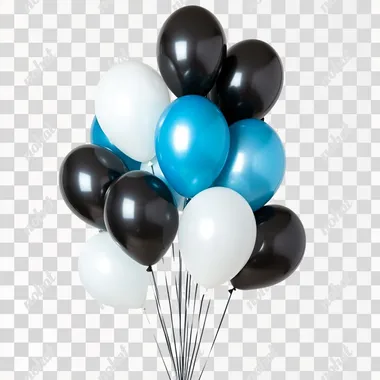 Pm312 light blue color Balloons, white Balloons, black balloons, dark blue balloons togther, in a white background, happy birthday party nballoons, hd, 8k, realistic
