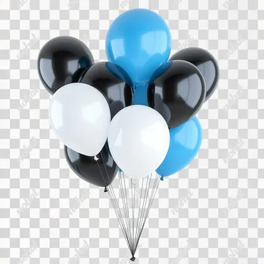 Pm312 light blue color Balloons, white Balloons, black balloons, dark blue balloons togther, in a white background, happy birthday party nballoons, hd, 8k, realistic