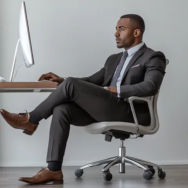 Black Man wearing suit and classic shoes, Sitting Desk with computer, white background