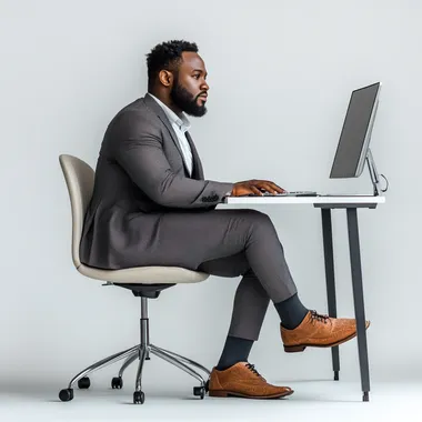 Black Man wearing suit and classic shoes, Sitting Desk with computer, white background