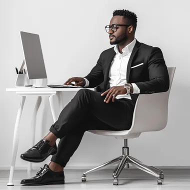 Black Man wearing suit and classic shoes, Sitting Desk with computer, white background