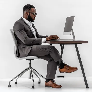Black Man wearing suit and classic shoes, Sitting Desk with computer, white background