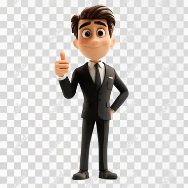 pixar three dimensional style a man wearing an elegant suit shows a thumbs up, full body, white background, very detailed