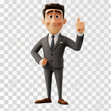 pixar three dimensional style a man wearing an elegant suit shows a thumbs up, full body, white background, very detailed