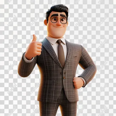 pixar three dimensional style a man wearing an elegant suit shows a thumbs up, full body, white background, very detailed