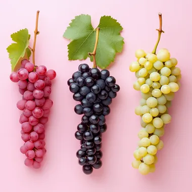 detailed photo of red wine grape, white wine grape and pink wine grape over a pink background