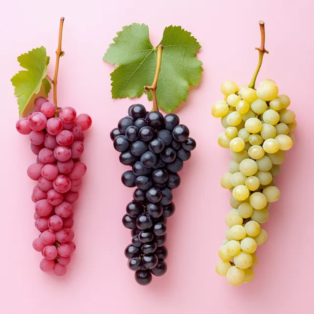 Red, White, and Pink Wine Grapes on a Pink Background from Vineyards