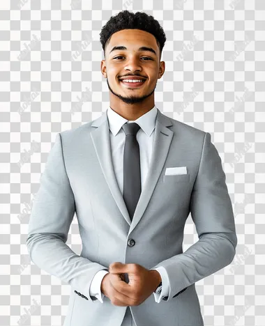 The image shows a young man dressed in a formal business suit, standing and smiling confidently. He is wearing a light gray suit jacket with matching trousers, a white dress shirt, and a dark tie. His hands are clasped together in front of him, which could suggest he is either preparing to speak, acknowledging something, or simply posing for the photo. The mans expression is warm and approachable, indicating professionalism combined with friendliness. The background is plain and light-colored, which keeps the focus on the man and his attire, making it suitable for a professional or corporate setting, such as a business profile, a job interview, or a formal event., realistic photo,high resolution