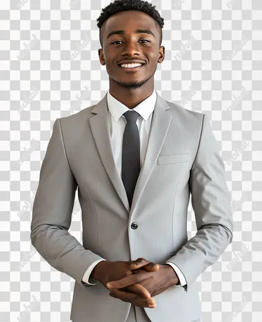 The image shows a young man dressed in a formal business suit, standing and smiling confidently. He is wearing a light gray suit jacket with matching trousers, a white dress shirt, and a dark tie. His hands are clasped together in front of him, which could suggest he is either preparing to speak, acknowledging something, or simply posing for the photo. The mans expression is warm and approachable, indicating professionalism combined with friendliness. The background is plain and light-colored, which keeps the focus on the man and his attire, making it suitable for a professional or corporate setting, such as a business profile, a job interview, or a formal event., realistic photo,high resolution