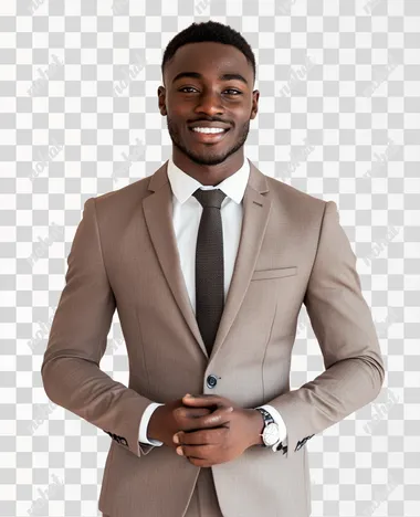 The image shows a young man dressed in a formal business suit, standing and smiling confidently. He is wearing a light gray suit jacket with matching trousers, a white dress shirt, and a dark tie. His hands are clasped together in front of him, which could suggest he is either preparing to speak, acknowledging something, or simply posing for the photo. The mans expression is warm and approachable, indicating professionalism combined with friendliness. The background is plain and light-colored, which keeps the focus on the man and his attire, making it suitable for a professional or corporate setting, such as a business profile, a job interview, or a formal event., realistic photo,high resolution