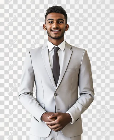 The image shows a young man dressed in a formal business suit, standing and smiling confidently. He is wearing a light gray suit jacket with matching trousers, a white dress shirt, and a dark tie. His hands are clasped together in front of him, which could suggest he is either preparing to speak, acknowledging something, or simply posing for the photo. The mans expression is warm and approachable, indicating professionalism combined with friendliness. The background is plain and light-colored, which keeps the focus on the man and his attire, making it suitable for a professional or corporate setting, such as a business profile, a job interview, or a formal event., realistic photo,high resolution