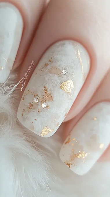 A set of elegant and cute nails, in a beige color with gold details, featuring a super long nail shape, rose-cut diamonds, and a furry background, captured with a professional camera and lens.  --s 750  mvcmrq7