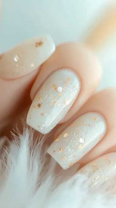 A set of elegant and cute nails, in a beige color with gold details, featuring a super long nail shape, rose-cut diamonds, and a furry background, captured with a professional camera and lens.  --s 750  mvcmrq7