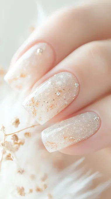 A set of elegant and cute nails, in a beige color with gold details, featuring a super long nail shape, rose-cut diamonds, and a furry background, captured with a professional camera and lens.  --s 750  mvcmrq7