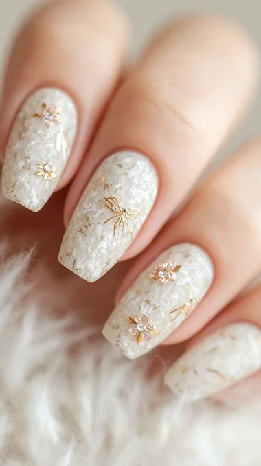 A set of elegant and cute nails, in a beige color with gold details, featuring a super long nail shape, rose-cut diamonds, and a furry background, captured with a professional camera and lens.  --s 750  mvcmrq7