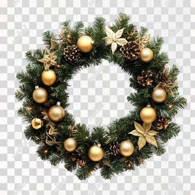 A Christmas wreath with golden ornaments and decorations, isolated on a white background. Realistic photography.