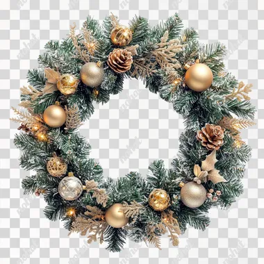 A Christmas wreath with golden ornaments and decorations, isolated on a white background. Realistic photography.