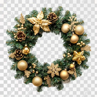 A Christmas wreath with golden ornaments and decorations, isolated on a white background. Realistic photography.