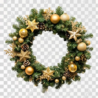 A Christmas wreath with golden ornaments and decorations, isolated on a white background. Realistic photography.