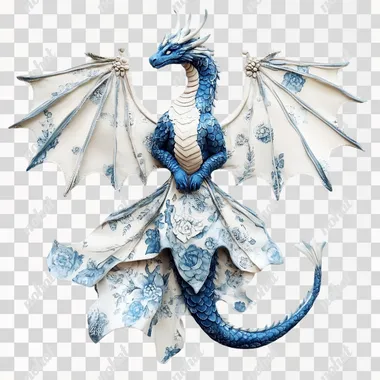 a big blue dragon on an isolated white background. It looks like he is flying throught the air with spread wings.