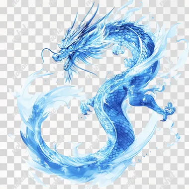 a big blue dragon on an isolated white background. It looks like he is flying throught the air with spread wings.
