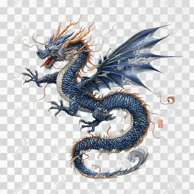 a big blue dragon on an isolated white background. It looks like he is flying throught the air with spread wings.