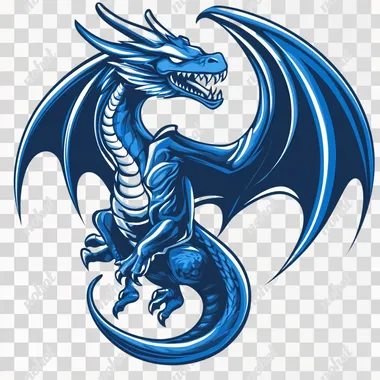 a big blue dragon on an isolated white background. It looks like he is flying throught the air with spread wings.