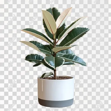 a large dark green and white rubber plant in a white ceramic pot