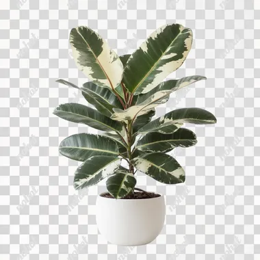 a large dark green and white rubber plant in a white ceramic pot