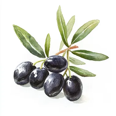 watercolor, medieval black olives, children's book illustration, white background