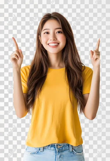 A cheerful Asia young woman with long brown hair, woversized yellow t-shirt, light blue ripped skinny jeans, is pointing upwards with both index fingers, smiling brightly. The background is a clean, white studio setting, emphasizing the woman's joyful expression. The focus is on her positive and energetic demeanor. The lighting is soft and even, highlighting her features while maintaining a natural and inviting look.