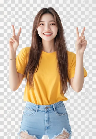 A cheerful Asia young woman with long brown hair, woversized yellow t-shirt, light blue ripped skinny jeans, is pointing upwards with both index fingers, smiling brightly. The background is a clean, white studio setting, emphasizing the woman's joyful expression. The focus is on her positive and energetic demeanor. The lighting is soft and even, highlighting her features while maintaining a natural and inviting look.